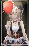  1girl absurdres alternate_costume ayanami_(azur_lane) azur_lane balloon bangs breasts card cleavage commentary_request english_text eyebrows_visible_through_hair facial_tattoo framed_image frilled_skirt frills hair_between_eyes hat highres holding holding_balloon jester jester_cap joker_(card) konparu_uran long_hair looking_at_viewer orange_eyes playing_card ponytail scrunchie sidelocks silver_hair simple_background skirt smile solo tattoo wrist_scrunchie 