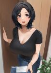  1girl bangs black_hair black_shirt blue_eyes blush breasts cleavage collarbone cowboy_shot door doorway highres large_breasts lips looking_at_viewer mature_female medium_hair original pants parted_bangs parted_lips plant sakura_no_tomoru_hi_e shirt short_sleeves smile solo standing 