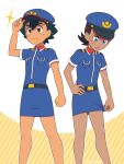  2boys ash_ketchum bangs belt belt_buckle black_hair blue_eyes blue_headwear blue_shirt blue_skirt blush breast_pocket brown_eyes buckle clenched_hand closed_mouth collared_shirt commentary_request cosplay crossdressing goh_(pokemon) green_hair hand_on_headwear hat highres ichina0107 jenny_(pokemon) jenny_(pokemon)_(cosplay) male_focus miniskirt multiple_boys open_mouth pocket pokemon pokemon_(anime) pokemon_swsh_(anime) police police_uniform shirt short_hair short_sleeves skirt skirt_tug sweatdrop tongue uniform 