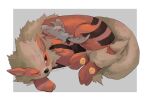  arcanine border brown_eyes closed_eyes closed_mouth commentary_request kikuyoshi_(tracco) lying minccino no_humans on_back one_eye_closed pokemon pokemon_(creature) signature toes white_border 