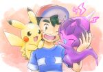  1boy ;d ash_ketchum bangs baseball_cap blue_shirt brown_eyes commentary_request green_hair hand_up happy hat ichina0107 male_focus on_shoulder one_eye_closed open_mouth pikachu poipole pokemon pokemon_(anime) pokemon_(creature) pokemon_on_shoulder pokemon_sm_(anime) shirt short_hair short_sleeves smile striped striped_shirt t-shirt teeth tongue twitter_username ultra_beast upper_body upper_teeth 