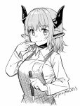  1girl animal_ears apron arknights collared_shirt commentary_request cow_ears cow_girl cow_horns cup eyebrows_visible_through_hair greyscale halftone hatching holding holding_cup horns ladle light_blush long_sleeves looking_at_viewer monochrome shirt short_hair sideroca_(arknights) simple_background sketch smile solo twitter_username upper_body white_background yom_(ymayma00ss) 