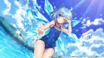  1girl ahoge arm_up blue_bow blue_eyes blue_hair blue_sky blush bow breasts cirno cloud cloudy_sky collarbone commentary_request covered_navel crystal hair_between_eyes hair_bow ice ice_wings kouzuki_tsubasa_(musou_kaidou) lake light_rays looking_at_viewer name_tag official_art old_school_swimsuit one-piece_swimsuit one_eye_closed outstretched_arm school_swimsuit short_hair sky small_breasts smile solo sparkle sunbeam sunlight swimsuit thighs touhou touhou_danmaku_kagura water_drop wet wet_clothes wet_swimsuit wings 