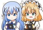  2girls animal_ears bangs black_hairband blonde_hair blue_bow blue_eyes blue_hair blue_vest border bow closed_mouth commentary_request eyebrows_visible_through_hair fake_animal_ears fleur_de_lapin_uniform floppy_ears flying_sweatdrops frilled_hairband frills gochuumon_wa_usagi_desu_ka? green_eyes grey_background hair_between_eyes hair_ornament hairband handheld_game_console holding holding_handheld_game_console kafuu_chino kirima_sharo long_hair long_sleeves mitya multiple_girls nintendo_switch open_mouth playing_games puffy_short_sleeves puffy_sleeves rabbit_ears rabbit_house_uniform shirt short_hair short_sleeves smile twitter_username two-tone_background uniform upper_body vest waitress wavy_mouth white_background white_border white_shirt wrist_cuffs x_hair_ornament 