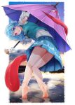  1girl absurdres bangs bare_legs barefoot blue_eyes blue_hair blue_skirt blue_vest breasts feet gunsou1350 heterochromia highres holding holding_umbrella karakasa_obake long_sleeves no_socks pleated_skirt purple_umbrella red_eyes shirt short_hair skirt small_breasts soles standing standing_on_liquid tatara_kogasa tiptoes tongue touhou umbrella vest white_shirt 