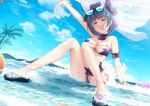  &gt;_&lt; 1girl :3 :d areola_slip areolae arm_up armlet armpits ass azur_lane bangs bikini black_bikini black_hair blue_sky blunt_bangs breasts cheshire_(azur_lane) cheshire_(summery_date!)_(azur_lane) cleavage cloud cloudy_sky coconut_tree commentary_request eyebrows_visible_through_hair eyewear_on_head fabric holding in_water joko_jmc knees_together_feet_apart large_breasts looking_at_viewer midriff mountainous_horizon multicolored_hair ocean official_alternate_costume open_mouth palm_tree reflection short_hair side-tie_bikini sidelocks sitting sky smile solo streaked_hair sunglasses swimsuit thighlet tree two-tone_hair xd 
