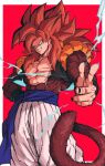 1boy absurdres bare_pectorals biceps black_nails blue_eyes body_fur border brown_fur dragon_ball dragon_ball_gt electricity fingernails gogeta hand_on_hip highres looking_at_viewer male_focus metamoran_vest monkey_boy monkey_tail no_nipples obi outside_border pants pectorals pointing red_background red_hair relio_db318 sash smirk solo spiked_hair standing super_saiyan super_saiyan_4 tail veiny_hands white_border white_pants wristband 