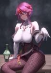  1girl alcohol bare_shoulders blush bottle breasts cigar echt elbow_gloves fishnet_legwear fishnets genshin_impact gloves highres large_breasts looking_at_viewer pantyhose purple_eyes purple_hair purple_legwear rosaria_(genshin_impact) smoking solo sweatdrop white_gloves 