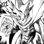  2021 belt cape commentary digimon digimon_(creature) english_commentary gem greyscale grin gulusgammamon hand_up highres horns inktober keyliom monochrome no_humans sharp_teeth signature single_horn smile solo teeth upper_body 