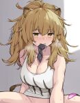  1girl animal_ears arknights blonde_hair blush bottomless breasts cleavage collarbone commentary_request condom condom_packet_strip condom_wrapper eyebrows_visible_through_hair grey_background implied_sex large_breasts lion_ears lion_girl lion_tail looking_at_viewer mouth_hold out-of-frame_censoring ponytail pov siege_(arknights) simple_background solo sweat tail tank_top thighs twitter_username used_condom white_tank_top yellow_eyes yom_(ymayma00ss) 
