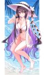  1girl absurdres bangs bare_legs bare_shoulders barefoot bikini blush breasts cleavage closed_mouth collarbone colored_inner_hair eyebrows_visible_through_hair full_body halterneck hat highres kinona large_breasts long_hair looking_at_viewer multicolored_hair navel original outdoors purple_eyes purple_hair see-through side-tie_bikini smile solo string_bikini sun_hat swimsuit water white_bikini white_headwear 