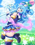  1girl :d aqua_(konosuba) ass bangs black_footwear blue_eyes blue_hair blue_sky blurry boots cloud cloudy_sky commentary depth_of_field detached_sleeves english_commentary eyebrows_visible_through_hair field flower flower_field folded_ponytail from_side grass hagoromo hair_between_eyes hair_bobbles hair_ornament high_heels highres holding holding_staff kono_subarashii_sekai_ni_shukufuku_wo! leaning_back long_hair long_sleeves looking_at_viewer meltyrice open_mouth outdoors pleated_skirt shawl sidelocks skirt sky smile solo staff standing standing_on_one_leg thigh_boots thighhighs zettai_ryouiki 