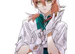  1boy adjusting_clothes adjusting_gloves alternate_eye_color chaldea_uniform commentary_request expressionless fate/grand_order fate_(series) glove_pull gloves hair_between_eyes han12sara highres labcoat looking_at_viewer male_focus orange_hair romani_archaman simple_background solo spoilers white_background white_gloves yellow_eyes 