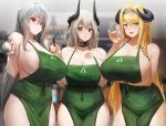  3girls apron areola_slip areolae arknights blonde_hair blue_eyes blurry blurry_background blush closed_mouth eyebrows_visible_through_hair green_apron hair_between_eyes hairband highres holding holding_pen horns iced_latte_with_breast_milk_(meme) long_hair looking_at_viewer meme mo_ne mudrock_(arknights) multiple_girls naked_apron open_mouth pen pointy_ears red_eyes saileach_(arknights) silver_hair skadi_(arknights) 