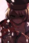  1girl backlighting bangs blonde_hair closed_mouth drum eyebrows_visible_through_hair hair_between_eyes hansode32 highres instrument long_hair looking_at_viewer matara_okina smile solo touhou tsuzumi 