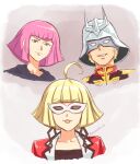  1boy 2girls ahoge artist_name bangs beauty_anshinzawa blonde_hair blue_eyes blunt_bangs char_aznable commentary earrings eyebrows_visible_through_hair glasses grey_headwear gundam haman_karn helmet highres if_they_mated jewelry light_smile lipstick looking_at_viewer makeup mobile_suit_gundam multiple_girls pink_hair short_hair smile sunglasses trait_connection umamusume yasuraaka_xx zeta_gundam 