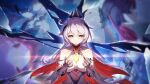  5girls bangs bare_shoulders blue_eyes breasts bronya_zaychik bronya_zaychik_(herrscher_of_reason) cape cleavage closed_eyes closed_mouth commentary_request crack dress eyebrows_behind_hair fu_hua fu_hua_(phoenix) garter_straps hair_between_eyes hands_up highres honkai_(series) honkai_impact_3rd kiana_kaslana kiana_kaslana_(herrscher_of_flamescion) long_hair medium_breasts mo_ying_yu multiple_girls murata_himeko murata_himeko_(vermillion_knight) parted_lips ponytail purple_hair raiden_mei raiden_mei_(herrscher_of_thunder) red_cape red_eyes red_hair silver_hair solo_focus two-tone_cape upper_body white_cape white_dress 