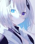  1girl bangs blue_eyes cevio closed_mouth commentary eyebrows_visible_through_hair grey_background hair_between_eyes hair_ornament heterochromia highres kafu_(cevio) long_hair looking_at_viewer poono purple_eyes simple_background solo white_hair 