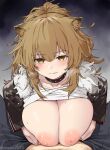  1boy 1girl animal_ear_fluff animal_ears areolae arknights bangs breasts brown_eyes choker closed_mouth commentary eyebrows_visible_through_hair hetero large_breasts long_hair paizuri siege_(arknights) twitter_username upper_body yom_(ymayma00ss) 