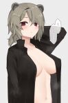  1girl absinthe_(arknights) alternate_costume animal_ears arknights arm_up bangs bear_ears black_shirt blush breasts brown_hair cleavage collarbone commentary_request covered_nipples eyebrows_visible_through_hair grey_background hand_in_hair highres kitorakito large_breasts long_sleeves looking_at_viewer low_ponytail naked_shirt navel no_bra parted_lips red_eyes shirt short_hair simple_background solo speech_bubble steaming_body stomach sweat swept_bangs translation_request upper_body 