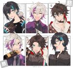  3boys :d ^_^ ahoge akina422 bangs black_choker black_hair black_jacket black_shirt black_sweater blue_eyes bottle chibi chibi_inset choker closed_eyes fuwa_minato grey_necktie holding holding_bottle jacket male_focus mayuzumi_kai multicolored_hair multiple_boys necktie nijisanji open_mouth parted_bangs purple_hair red_hair saegusa_akina shirt short_ponytail sleeves_past_wrists smile streaked_hair sweater virtual_youtuber white_hair 