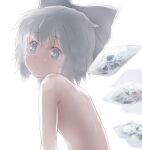  1girl backlighting bangs blue_bow blue_eyes blue_hair bow cirno commentary completely_nude expressionless eyebrows_visible_through_hair flower frozen_flower hair_between_eyes hair_bow ice ice_wings large_bow looking_at_viewer nude shirosato short_hair solo touhou upper_body wings 