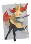  blush border braixen closed_mouth commentary_request full_body furry grey_fur hand_up highres kikuyoshi_(tracco) pokemon pokemon_(creature) red_eyes signature smile solo stick toes white_border 