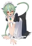  1girl :o all_fours alternate_costume animal_ears apron bangs blush breasts brown_eyes cat_ears cat_girl cat_tail cleavage collarbone commentary enmaided eyebrows_visible_through_hair genshin_impact glasses green_hair hair_between_eyes head_tilt highres long_hair long_skirt looking_at_viewer maid maid_apron maid_headdress meda multicolored_hair scrunchie semi-rimless_eyewear short_sleeves sidelocks simple_background skirt solo streaked_hair sucrose_(genshin_impact) tail tail_ornament tail_raised two-tone_hair v_arms vision_(genshin_impact) white_background wrist_scrunchie 