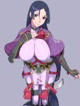  1girl arm_guards armor bangs black_gloves bodysuit breasts conto curvy fate/grand_order fate_(series) fingerless_gloves gloves highres japanese_armor kote large_breasts loincloth long_hair looking_at_viewer low-tied_long_hair minamoto_no_raikou_(fate) parted_bangs purple_bodysuit purple_eyes purple_hair ribbed_sleeves rope smile solo very_long_hair 