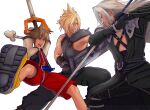  3boys blonde_hair blue_eyes brown_hair buster_sword cloud_strife final_fantasy final_fantasy_vii fingerless_gloves gloves jewelry keyblade kingdom_hearts kingdom_hearts_i kingdom_key male_focus masamune_(ffvii) multiple_boys necklace open_mouth sephiroth short_hair silver_hair sora_(kingdom_hearts) spiked_hair stormyorha super_smash_bros. 