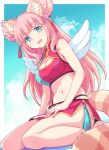  1girl :d animal_ear_fluff animal_ears bangs bare_arms bare_shoulders breasts cleavage commentary_request double_bun e20 eyebrows_visible_through_hair green_eyes highres leppanyo_(show_by_rock!!) long_hair looking_at_viewer medium_breasts mini_wings navel open_mouth pink_hair red_skirt show_by_rock!! sitting skirt smile solo striped_tail tail very_long_hair wariza white_wings wings 