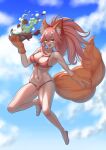  1girl absurdres akitsune animal_ear_fluff animal_ears animal_hands bikini blue_sky breasts cat_paws cleavage cloud cloudy_sky collarbone day eyebrows_visible_through_hair fangs fate/grand_order fate_(series) food fox_ears fox_girl fox_tail gloves groin hair_ribbon highres large_breasts long_hair open_mouth outdoors paw_gloves pink_hair ponytail red_bikini red_ribbon ribbon sky solo swimsuit tail tamamo_(fate) tamamo_cat_(fate) yellow_eyes 