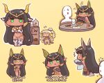  1boy 2girls ^^^ animal_ears animal_print bangs bell bird black_hair blonde_hair breasts bulga chibi circlet coffee_milk commander_(last_origin) commentary cow_ears cow_print dark-skinned_female dark_elf dark_elven_forest_ranger dark_skin eagle ear_tag egyptian egyptian_clothes elf faceless faceless_male food food_focus green_eyes hime_cut horns jackal_ears jitome last_origin long_hair long_pointy_ears multiple_girls neck_bell open_mouth pointy_ears sekhmet_of_death simple_background smile sweatdrop two_side_up very_long_hair yellow_background 