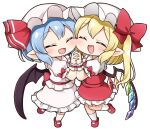  2girls ascot bangs bat_wings blonde_hair blue_hair blush bow cheek-to-cheek chibi closed_eyes commentary crystal eyebrows_visible_through_hair flandre_scarlet frilled_shirt_collar frilled_skirt frills full_body happy hat hat_bow hat_ribbon heads_together holding_hands interlocked_fingers mary_janes mob_cap multiple_girls open_mouth pointy_ears puffy_short_sleeves puffy_sleeves red_bow red_footwear red_skirt red_vest remilia_scarlet ribbon shoes short_hair short_sleeves siblings side_ponytail simple_background sisters skirt smile suwa_yasai touhou vest white_background white_legwear wings wrist_cuffs yellow_ascot 