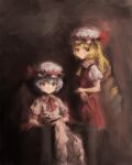  2girls absurdres ascot bangs bat_wings blonde_hair blush bow brown_background chair crystal faux_traditional_media flandre_scarlet frilled_shirt_collar frilled_sleeves frills hat highres looking_at_viewer mob_cap multiple_girls nepperoni puffy_short_sleeves puffy_sleeves purple_hair rainbow_order red_ascot red_bow red_skirt red_vest remilia_scarlet short_hair short_sleeves siblings side_ponytail simple_background sisters sitting skirt smile standing touhou vest wings yellow_ascot 