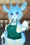  1girl animal_ears apron blue_slime breasts cleavage core cup dated drinking_glass furry furry_female green_apron heart highres horns iced_latte_with_breast_milk_(meme) kishibe large_breasts meme monster_girl naked_apron open_mouth original pink_eyes short_hair slime_(creature) slime_(substance) slime_girl smile solo starbucks thighs 
