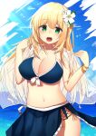  1girl absurdres atago_(kancolle) bikini bikini_skirt blonde_hair blue_bikini blue_skirt blue_sky breasts cloud commentary_request cowboy_shot day flower green_eyes hair_flower hair_ornament highres horizon kantai_collection katsuobushi_(eba_games) large_breasts long_hair looking_at_viewer ocean open_mouth skirt sky solo swimsuit 