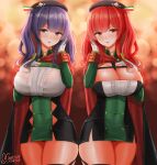  2girls absurdres aiguillette azur_lane bangs beret black_cape black_hairband black_legwear blunt_bangs blush bra_visible_through_clothes breasts cape center_frills cleavage commentary_request cowboy_shot dated dress epaulettes eyebrows_visible_through_hair framed_breasts frills garter_straps green_dress hairband hand_on_own_chest hand_up hat highres hisin italian_flag large_breasts long_hair long_sleeves looking_at_viewer multiple_girls panties pantyshot parted_lips pola_(azur_lane) purple_hair red_cape red_eyes red_hair shirt short_dress side-by-side sidelocks signature skindentation standing taut_clothes taut_dress thighhighs twintails two-tone_cape underwear white_shirt zara_(azur_lane) 