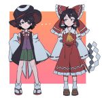  1girl 1other androgynous artist_request ascot black_eyes black_hair bow bowtie detached_sleeves enraku_tsubakura frilled_bow frills geta gohei hair_bow hair_tubes hakurei_reimu hat large_hat len&#039;en long_hair nontraditional_miko orange_ascot red_bow red_neckwear red_skirt ribbon-trimmed_sleeves ribbon_trim shorts skirt sleeveless socks tabi top_hat touhou trait_connection wide_sleeves 