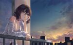  1girl balcony black_hair black_panties breasts cleavage dress_shirt green_eyes hair_between_eyes highres leaning_on_rail medium_breasts medium_hair no_pants off_shoulder original panties railing shirt skyline solo sunset tesin_(7aehyun) underwear white_shirt 