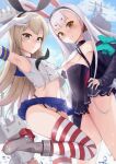 2girls animal_ears azur_lane bare_legs black_dress black_panties blonde_hair blue_skirt blue_sky boots breasts brown_eyes commentary_request covered_navel crop_top crossover day dress elbow_gloves gloves hairband hand_on_hip highleg highleg_panties highres joko_jmc kantai_collection light_smile long_hair looking_at_viewer microskirt midriff multiple_girls namesake outdoors panties pleated_skirt rabbit_ears rensouhou-chan shimakaze_(azur_lane) shimakaze_(kancolle) silver_hair skirt sky sleeveless small_breasts striped striped_legwear thighhighs underwear very_long_hair white_gloves yellow_eyes 