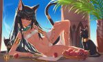  1girl animal animal_ear_fluff animal_ears arm_support armlet bangs bare_shoulders basket bastet bikini black_cat black_hair blue_sky blush breasts cat cat_ears cat_girl cat_tail closed_mouth day earrings egyptian egyptian_clothes egyptian_mythology eyebrows_visible_through_hair fang fang_out fig food fruit full_body grapes groin hair_tubes highres hoop_earrings incense jewelry knee_up komiya_nigi long_hair lying navel on_side original pillar plant potted_plant sidelocks sky slit_pupils small_breasts smile solo stomach swimsuit tail tail_ornament underboob usekh_collar very_long_hair white_bikini yellow_eyes 