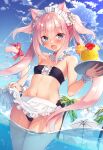  1girl :d animal_ear_fluff animal_ears apron bandeau bangs bare_shoulders bell bikini black_bikini blue_eyes blue_sky blush boku_no_risou_no_isekai_seikatsu bow breasts cat_ears cat_girl cat_tail cloud commentary_request crazy_straw day drinking_straw eyebrows_visible_through_hair fang flower frilled_apron frills hair_between_eyes hair_flower hair_ornament heart_straw holding holding_tray jingle_bell long_hair looking_at_viewer maid_bikini maid_headdress open_mouth outdoors pink_hair red_bow sazaki_ichiri sky small_breasts smile solo standing strapless swimsuit tail tail_bell tail_bow tail_ornament tray tube_top twintails two_side_up very_long_hair wading waist_apron water white_apron white_flower wrist_cuffs 