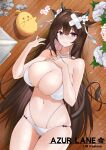  1girl 3: absurdres animal_ears azur_lane bandaid bandaid_on_head bangs bare_shoulders bikini bird blunt_bangs blush breasts brown_hair character_name chick cleavage collared_shirt commentary_request copyright_name cow_ears cow_girl cow_horns cow_tail embarrassed eyebrows_visible_through_hair flower groin hair_between_eyes highres horns huge_breasts jewelry jie_xian_(tsuki) kashino_(azur_lane) kashino_(hot_springs_relaxation)_(azur_lane) long_hair looking_at_viewer lying manjuu_(azur_lane) midriff navel necklace official_alternate_costume on_back purple_eyes shirt sidelocks spaghetti_strap stomach swimsuit tail white_bikini wooden_floor 
