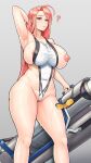  1girl ? areola_slip areolae arm_behind_head armpits beast_hunter_(last_origin) breasts goggles highres huge_breasts last_origin nipple_slip nipples one-piece_swimsuit pink_eyes pink_hair plump rilkaki solo swimsuit thick_thighs thighs torpedo_launcher wet wide_hips 
