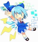  0mzum1 1girl animal arm_up bangs black_footwear blue_bow blue_dress blue_eyes blue_hair blush bow bowtie chibi cirno collar collared_shirt dress eyebrows_visible_through_hair flying frog hand_up ice ice_wings lightning looking_at_viewer one-hour_drawing_challenge one_eye_closed open_mouth puffy_short_sleeves puffy_sleeves red_bow red_bowtie shirt shoes short_hair short_sleeves smile socks solo square touhou white_background white_legwear white_shirt wings 