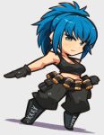  1girl bangs belt black_gloves black_pants black_tank_top blue_eyes blue_hair boots breasts can chibi closed_mouth commentary full_body gloves ibara. leona_heidern midriff military military_uniform pants ponytail serious solo standing tank_top the_king_of_fighters the_king_of_fighters_xiii uniform 