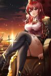  1girl absurdres bangs black_legwear chair collared_shirt crossed_legs epaulettes high_heels highres lillly looking_at_viewer military military_uniform original outdoors red_eyes red_hair shirt sitting smile solo thick_thighs thighhighs thighs uniform 