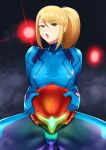 1girl ass_visible_through_thighs bangs blonde_hair blue_bodysuit blue_eyes blue_gloves blush bodysuit breasts covered_nipples dark_background e.m.m.i._(metroid) eyebrows_visible_through_hair gloves hair_between_eyes headwear_removed helmet helmet_removed highres large_breasts lens_flare lipstick long_hair makeup metroid metroid_dread mole mole_under_eye open_mouth pink_lips ponytail samus_aran sawasa sidelocks signature skin_tight solo_focus spread_legs swept_bangs thick_thighs thighs zero_suit 
