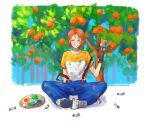  1girl :d ^_^ bin_0k closed_eyes food fruit highres nami_(one_piece) one_piece open_mouth orange_(fruit) orange_hair paint_on_clothes paint_splatter paint_splatter_on_face paintbrush painting short_hair smile solo suspenders suspenders_slip 